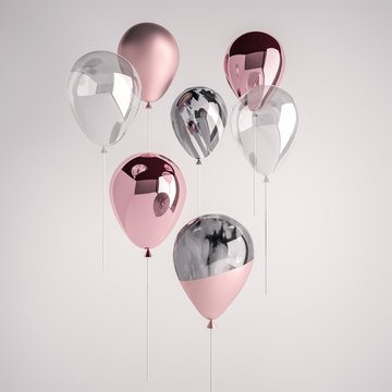 Set of glossy and satin pink, transparent, black and white marble 3D realistic balloons on the stick for party, events, presentation or other promotion banner, posters.