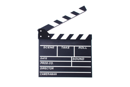 Clapperboard Or Slate For Director Cut Scene In Action Movie For Role Play. Entertainment And Object Theme. Dramatic And Video Theme. Black Wooden Slate. Isolated White Background