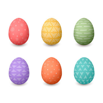 Happy Easter eggs. Set of whtie Easter eggs with different simple textures on golden white background isolated