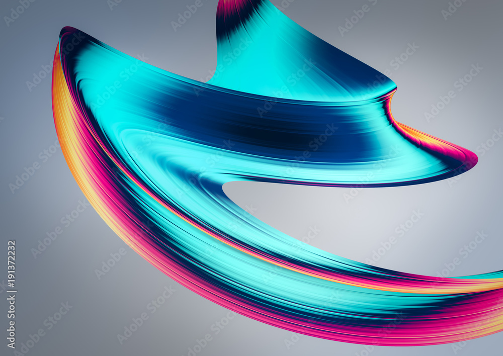 Fototapete 3D render abstract background. Colorful twisted shapes in motion. Computer generated digital art for poster, flyer, banner background or design element. Holographic foil ribbon on dark background.