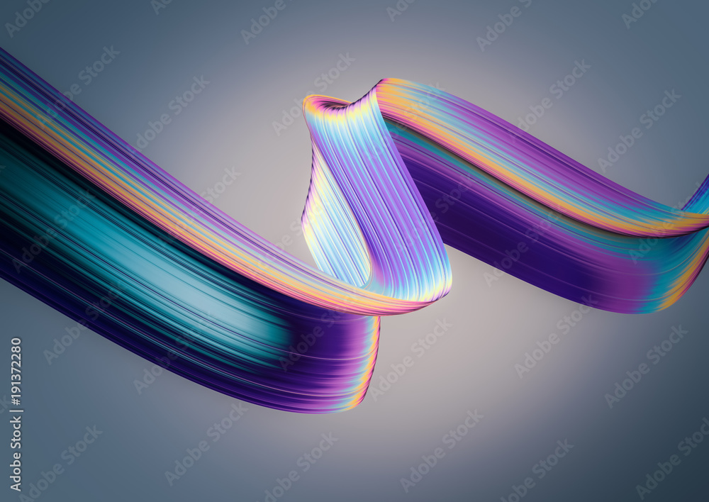Fototapete 3D render abstract background. Colorful twisted shapes in motion. Computer generated digital art for poster, flyer, banner background or design element. Holographic foil ribbon on dark background.