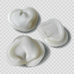 Vector 3d realistic meat dumplings, traditional Russian cuisine, dough with filling pork and beef isolated on transparent background. Pelmeni, handmade natural product, delicious national dish