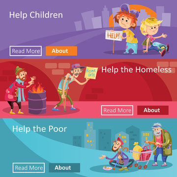 Help to homeless people vector illustration for social charity project web banners. Flat design of poverty charity organization for help to beggars or homeless bum and children begging alms in poverty