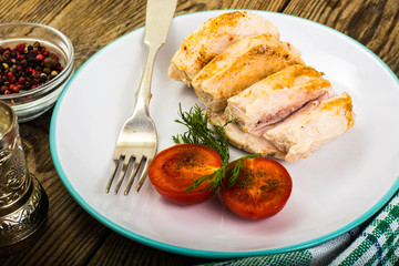 Boiled chicken fillet and tomatoes cherry-healthy diet food, protein lunch and dinner