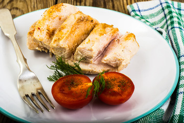 Boiled chicken fillet and tomatoes cherry-healthy diet food, protein lunch and dinner