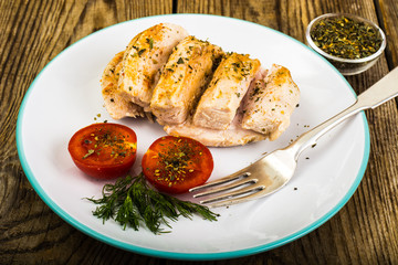 Boiled chicken fillet and tomatoes cherry-healthy diet food, protein lunch and dinner