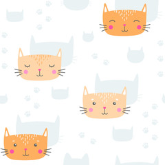 Handdrawn cute cat seamless pattern on white background. Vector illustration EPS10 for birthday, wrapping paper, textile, web page background, packaging, poster, banner and etc.