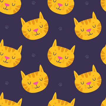 Handdrawn cute cat seamless pattern on dark background. Vector illustration EPS10 for birthday, wrapping paper, textile, web page background, packaging, poster, banner and etc. © Xenia800
