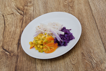 Chickpeas with carrot and leek, rice and buckwheat on a table