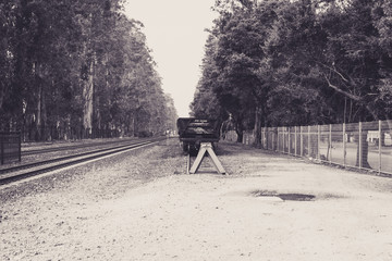 Railtracks with an abandoned boxcar
