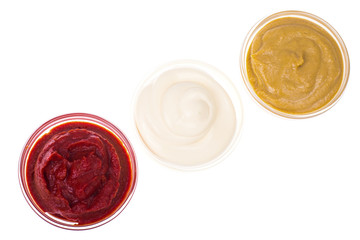 Set of three classic sauces-mayonnaise, ketchup and mustard