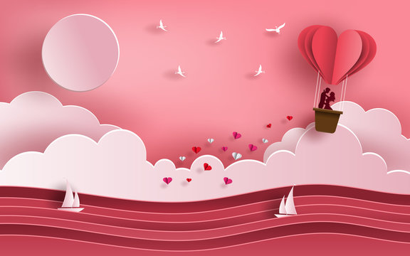 Cute couple in love hugging, staring at each other's eyes and standing inside a basket of an air balloon, traveling across the ocean, paper art style, flat-style vector illustration.
