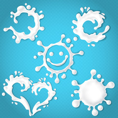 Vector set of realistic milk or yogurt splashes with drops, abstract white blots of dairy products isolated on blue transparent background. Blank milky labels of various shapes for product design