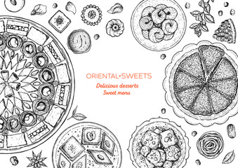 Oriental sweets vector illustration. Middle eastern food, hand drawn sketch. Linear graphic. Food menu background.
