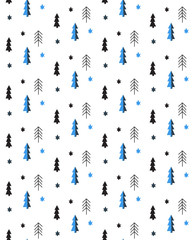 TRENDY WINTER HAND DRAW SEAMLESS VECTOR PATTERN. CHRISTMAS TREE AND SNOW FLAKE SYMBOL ON WHITE BACKGROUND
