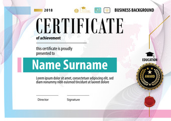 Official white modern certificate with abstract grey pink blue design elements. Black emblem 