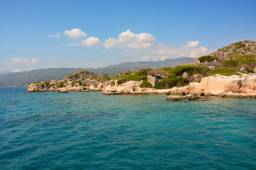Fototapeta na wymiar Sunken city of Kekova island in Turkey. Sights of Antalya province