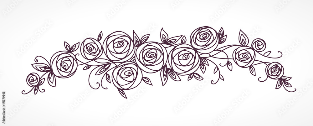 Wall mural stylized rose flowers bouquet. branch of flowers and leaves interlacing.