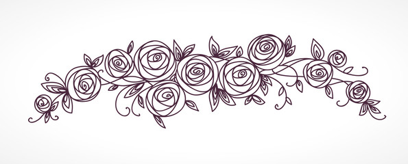Stylized rose flowers bouquet. Branch of flowers and leaves interlacing.