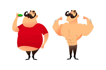 A fat guy and an athlete. Before and after. Doing sports and eating healthy concepts. A man with obesity is eating a donut. The strongman and the wrestler show their muscles. Successful weight loss