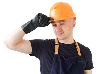 smiling builder worker in orange protectiive cask isolated on white