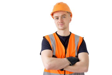 smiling builder worker in orange protectiive cask isolated on white
