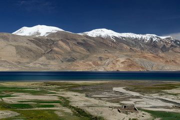 Tso Moriri Lake in the Karakorum Mountains near Leh, India. This region is a purpose of motorcycle expeditions organised by Indians