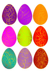 Vector set of  color easter eggs with gold chic pattern isolated on a white background.
