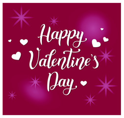 Fototapeta na wymiar Modern handwritten calligraphy lettering of Happy Valentine's Day in white decorated with hearts on wine color background with stars for decoration, valentine, greeting card, banner, poster