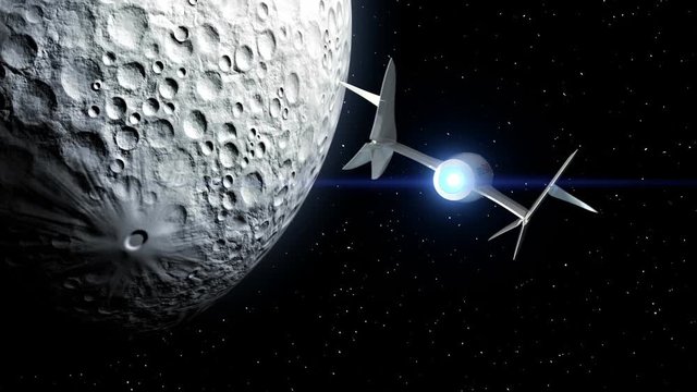 Moon on background. Fictional spaceplane flies past natural satellite of the Earth. Concept of spaceship for space tourism. 3d animation. Texture of Moon was created in graphic editor without photos.
