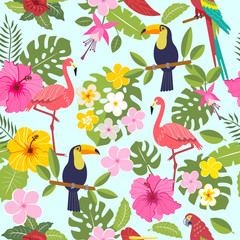set of tropical flowers of leaves and birds