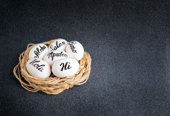 Easter eggs with the hand lettering inscription Hello (Aloha, Hi, Ciao, Salam, Hola) in different languages in decorative nest on a dark background. Pascha eggs with text word décor and copy space. © irissca