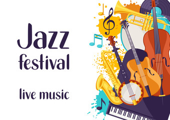 Jazz festival live music retro poster with musical instruments