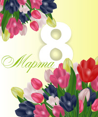 March 8 International Women's Day greeting card template with flowers. Background with tulips and text in Russian March 8. Vector