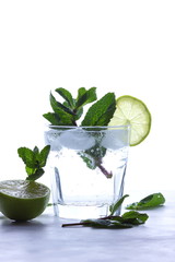 Mojito with lime and lemon and mint, cocktail with ice in a glass cup, soft drink with ice on a light background, empty space, cocktail pop art, toned background, summer drink