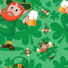 Cute cartoon leprechaun holding two beers. Seamless pattern. EPS10 vector illustration.