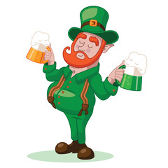 Cute cartoon leprechaun holding two beers. EPS10 vector illustration.