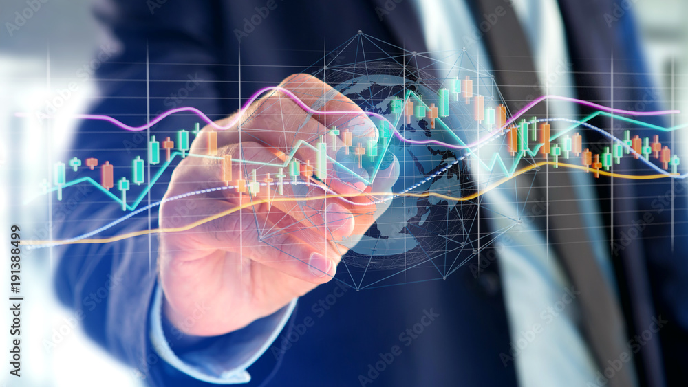 Poster businessman holding a 3d render stock exchange trading data information display on a futuristic inte