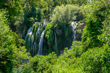 Fototapeta na wymiar A picturesque waterfall flows in a dense green forest.