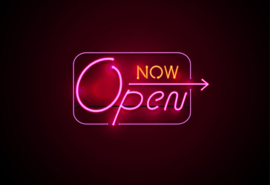 neon sign open now glowing on wall background vector illustration