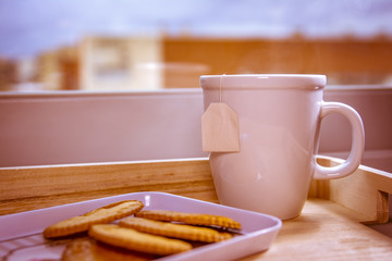 Breakfast scene. White blank mug with cookies