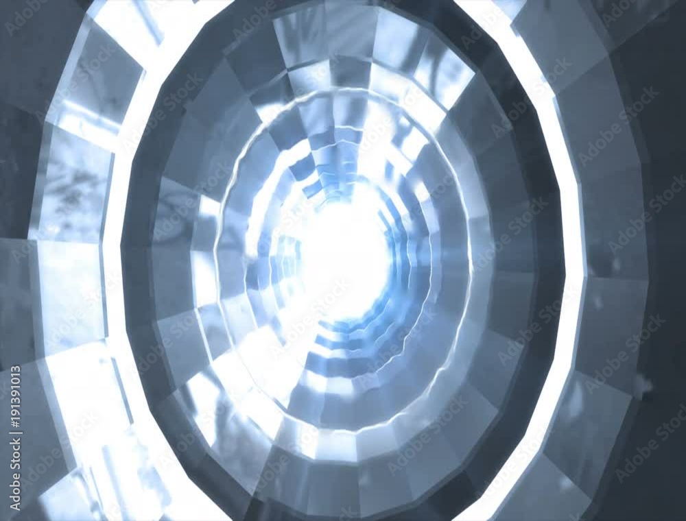 Poster abstract technology tunnel. silver metal concstruciton sharp corners with reflections the camera rot