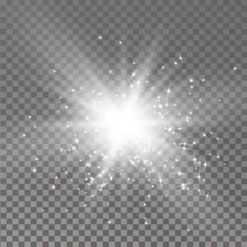 White glowing light burst explosion. starburst with sparkles on transparent background. Vector illustration.