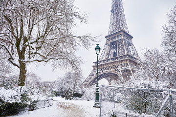 Fototapeta Scenic view to the Eiffel tower on a day with heavy snow obraz