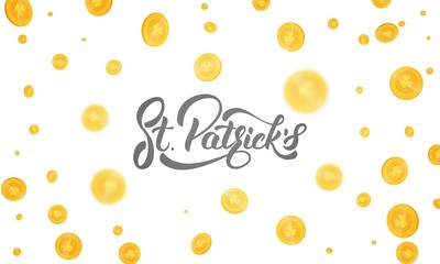 St. Patrick's Day. Gold coins with clover signs. Background with coins and St. Patrick's lettering. St. Patricks Day background