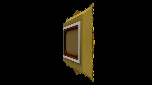 Rapid rotation of the gold picture frame on black background. 3D animation with tv noise and green screen, seamless loop.
