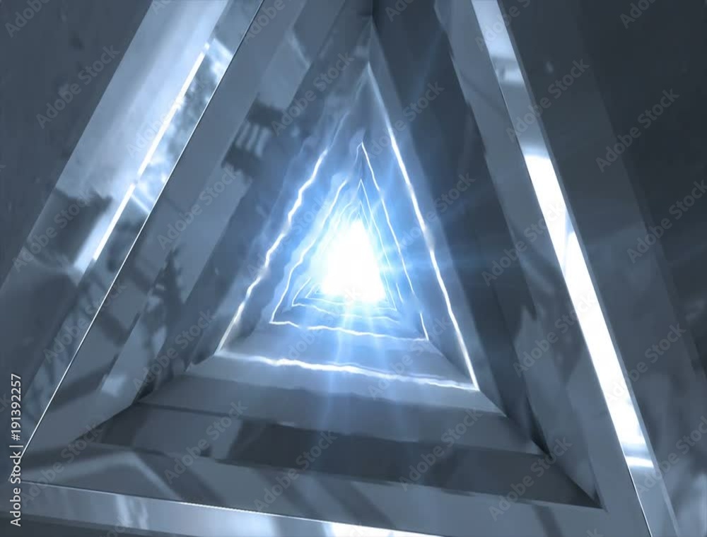 Poster abstract technology tunnel. blue metal concstruciton sharp corners with reflections the camera rotat