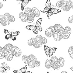 Clouds and butterflies. Seamless pattern, monochrome vector illustration. Animal art background.