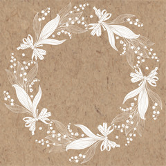 Floral  round background with lily of the valley and place for text. Vector illustration on a kraft paper. Invitation, greeting card or an element for your design.
