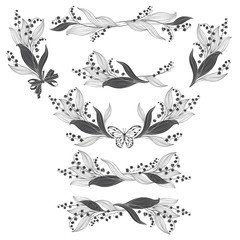 Floral arrangement with lily of the valley flowers. Vector illustrations, isolated  elements for design. Monochrome illustrations on white background.